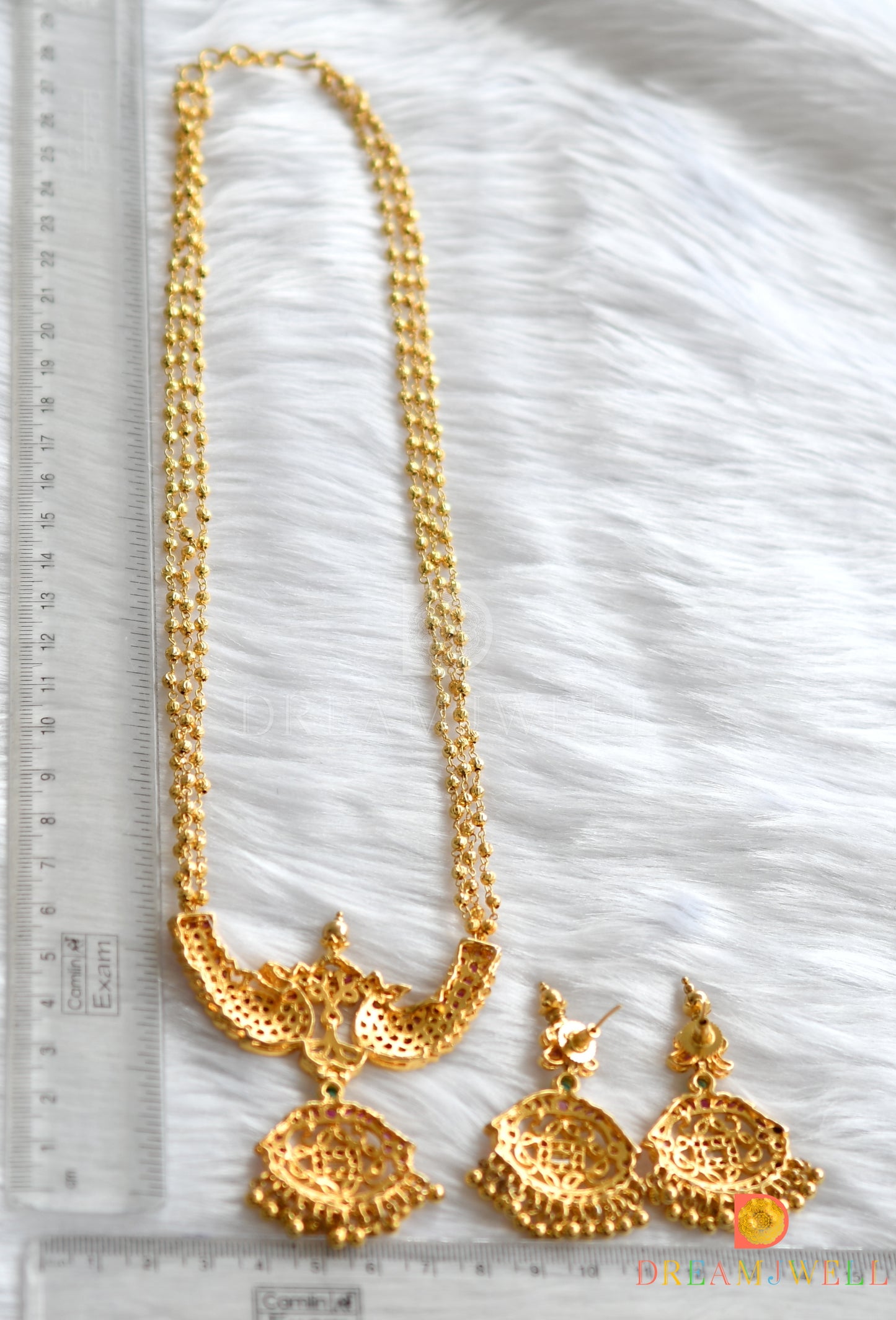 Gold tone kemp-green real uncut polki peacock necklace set dj-23157