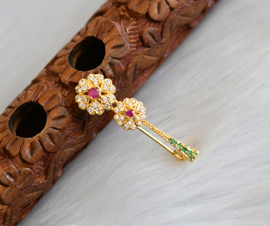 Gold tone cz ruby-emerald flower saree pin dj-15264