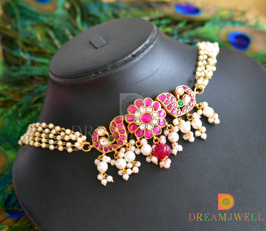 Gold tone pink-green-white Kundan jadau peacock necklace dj-36728