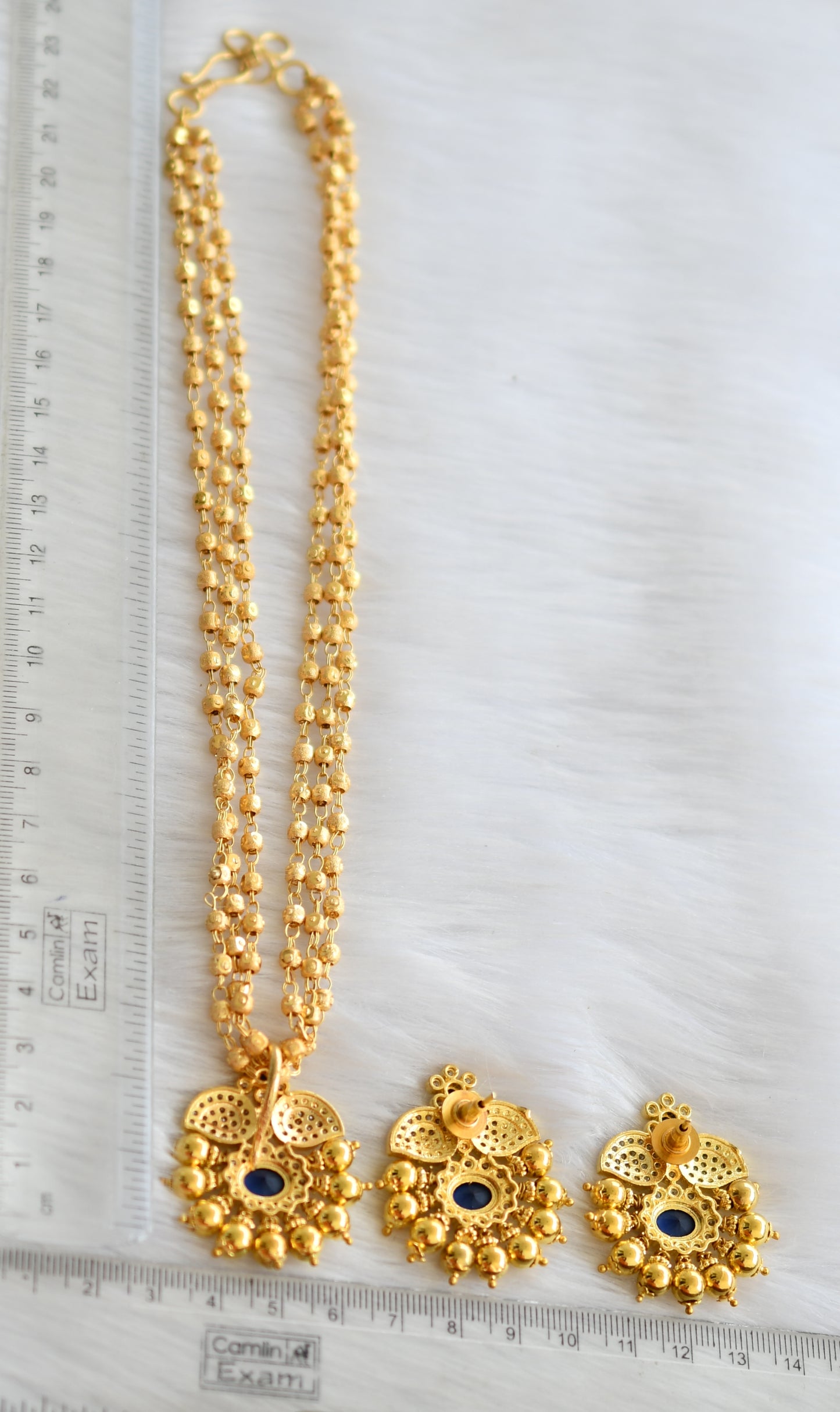 Gold tone blue-white mango pendant necklace set dj-39762