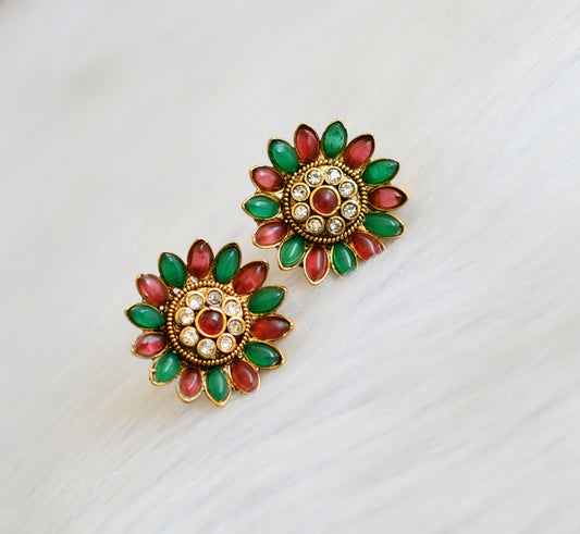Antique gold tone pink-green flower stud dj-06417