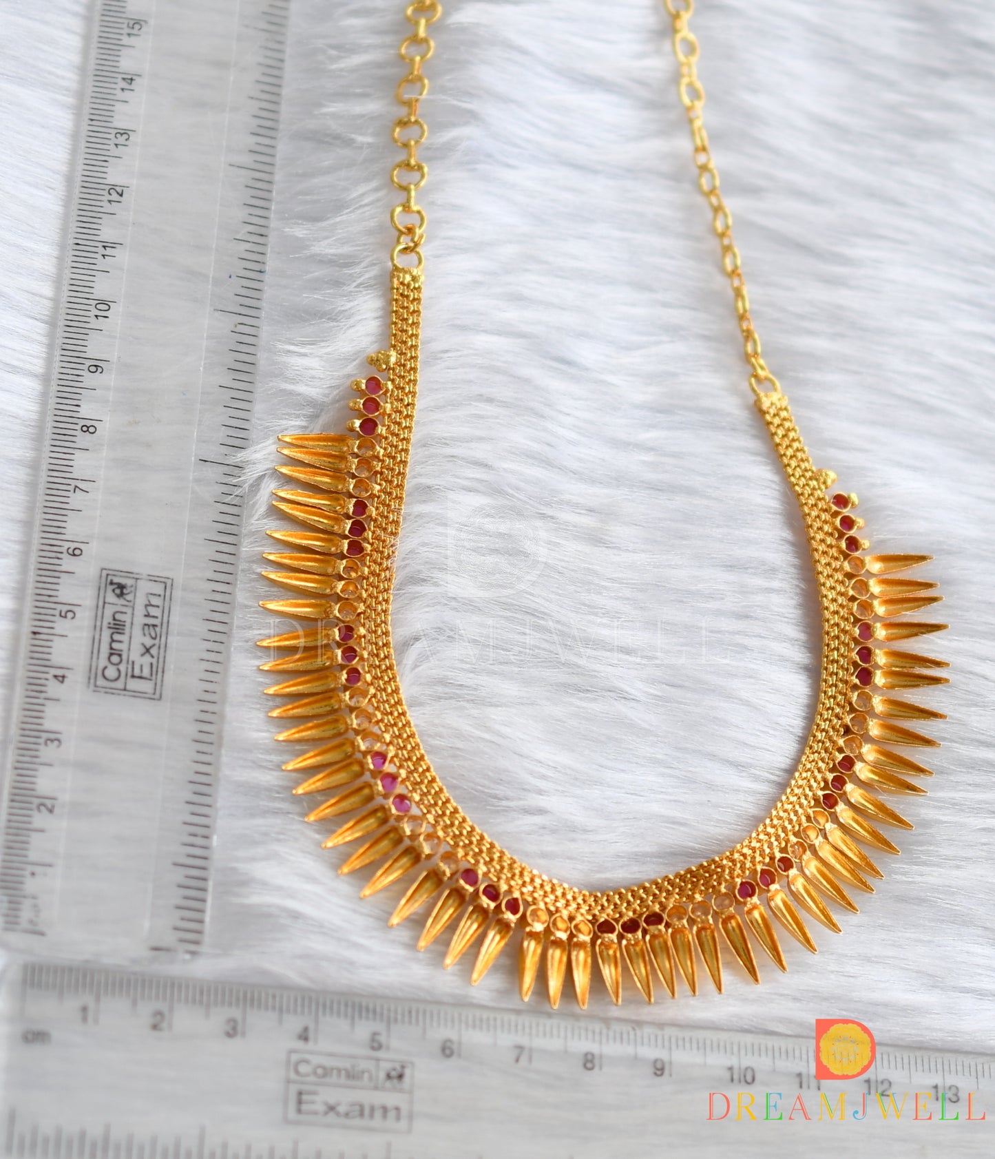 Gold tone pink-white stone mulla mottu Kerala style Necklace dj-38264