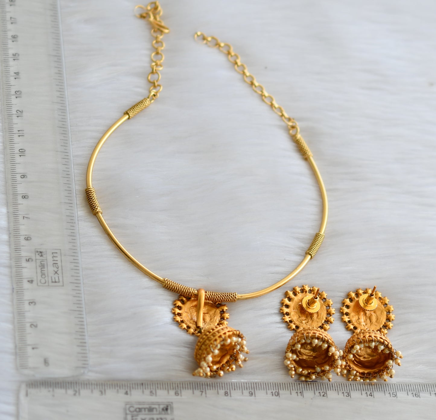 Matte finish pearl round jhumkka pendant hasli necklace set dj-12588