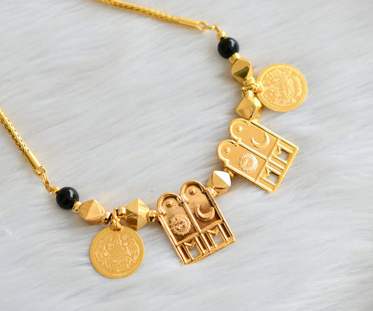 Gold tone black beads Lakshmi coin sun-moon mangalyam dj-40539