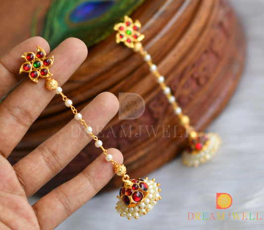 Gold tone kemp-green pearl hand made jhumkka dj-38280