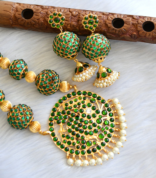 Gold tone green kemp rudhra balls swan necklace set dj-17937