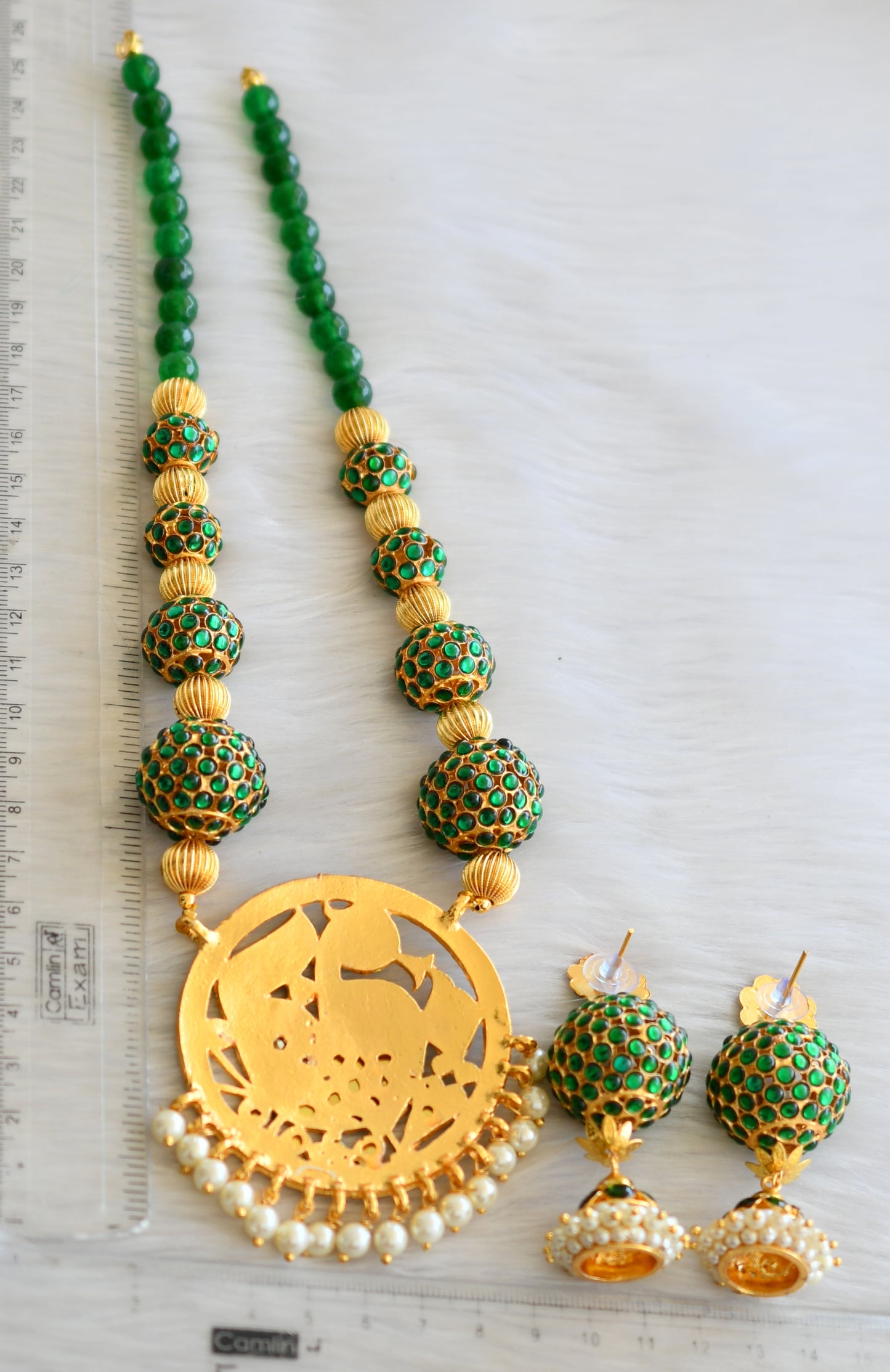 Gold tone green kemp rudhra balls swan necklace set dj-17937