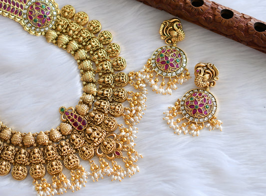 Matte finish real kemp-green-white Lakshmi-swan rice pearl haar set dj-39787