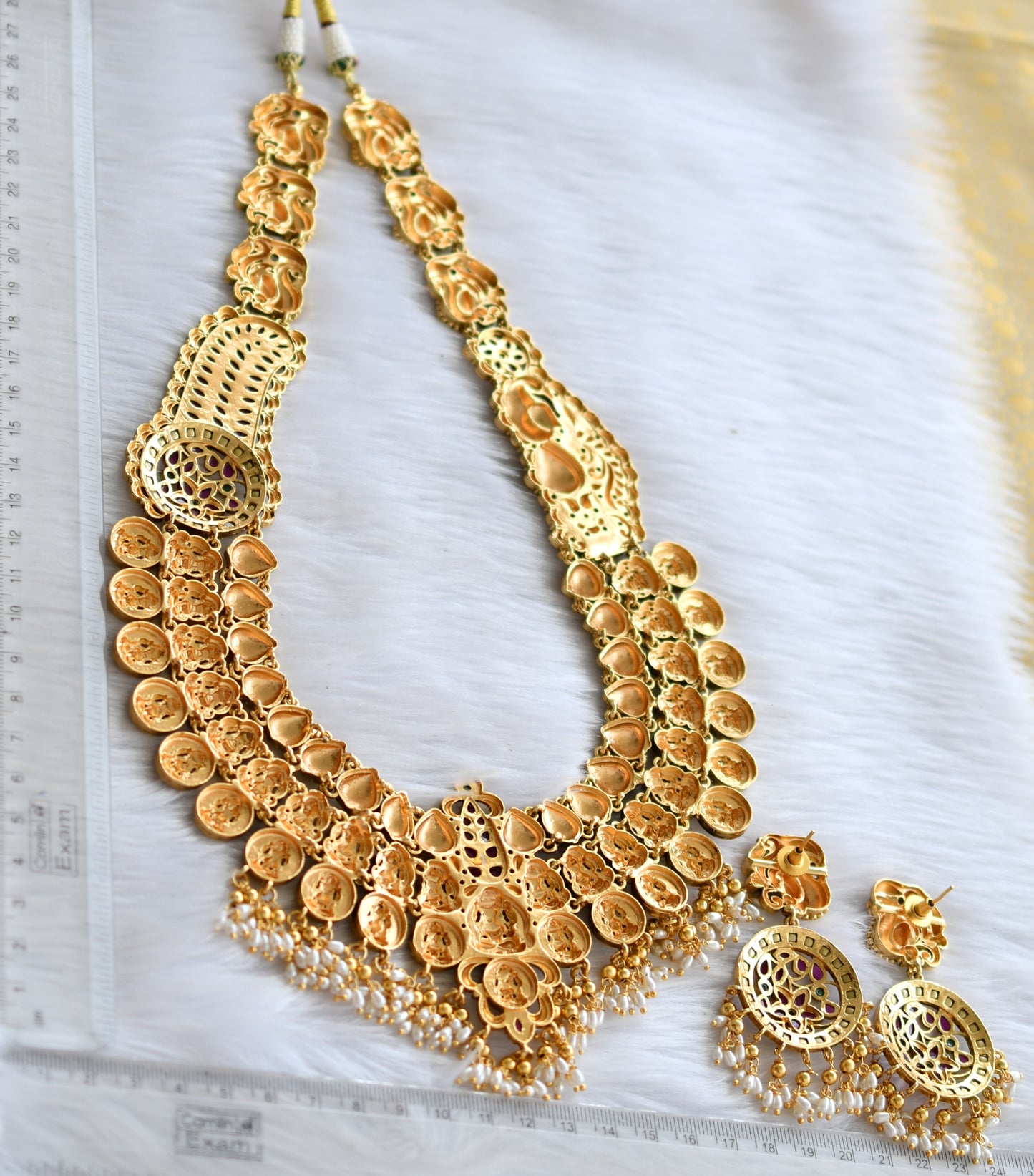 Matte finish real kemp-green-white Lakshmi-swan rice pearl haar set dj-39787