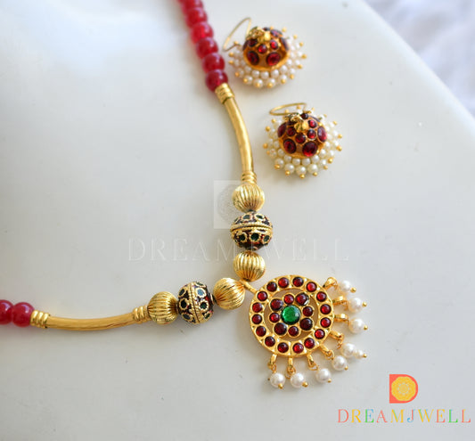 Gold tone kemp-green maroon beaded Hasli necklace set dj-15782