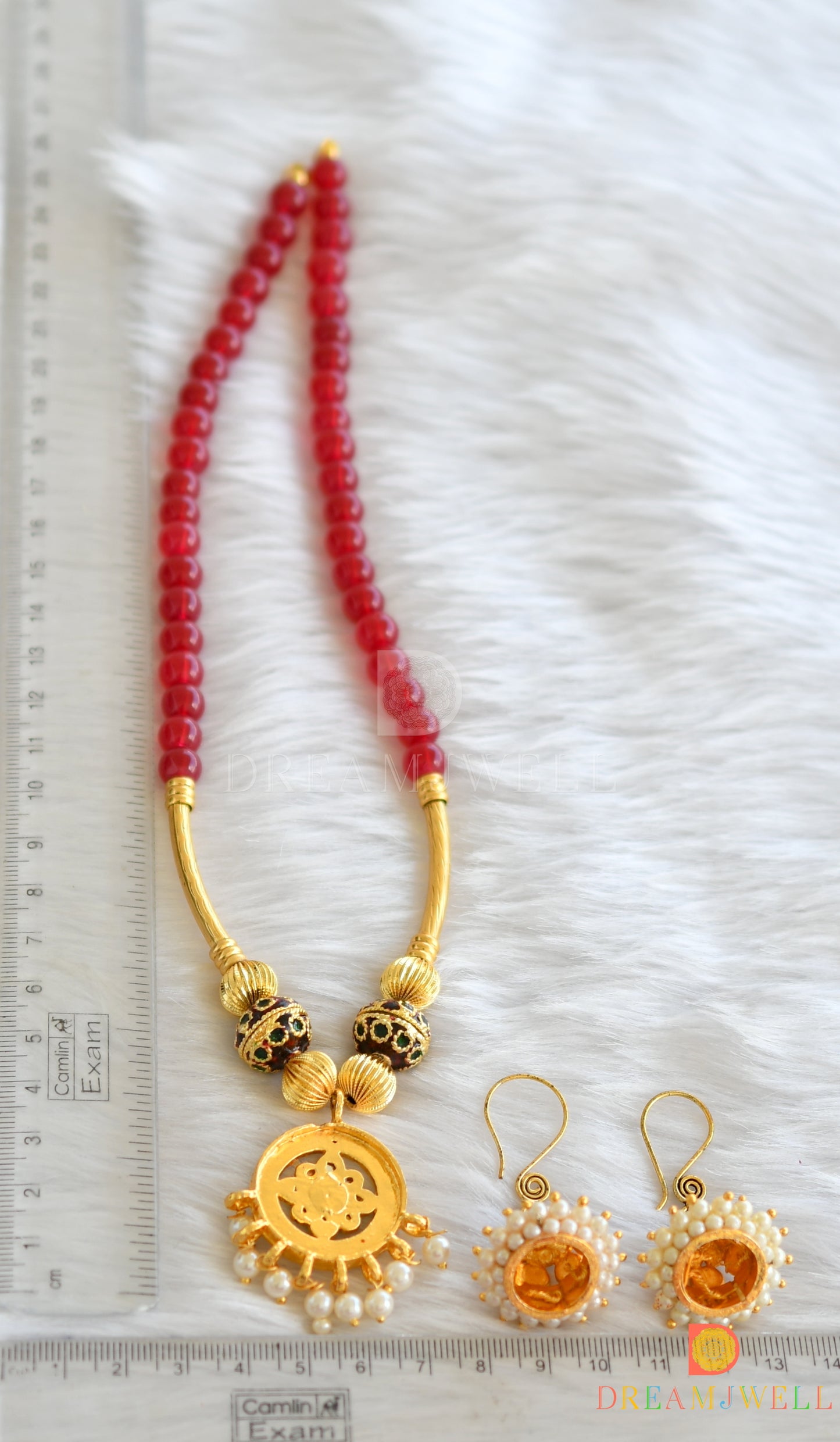 Gold tone kemp-green maroon beaded Hasli necklace set dj-15782