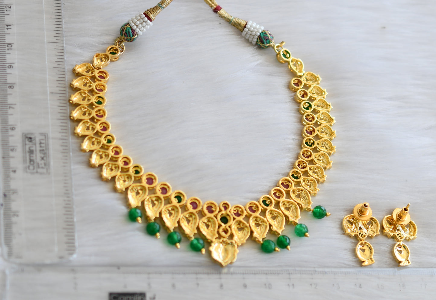 Gold tone ruby-green agates peacock necklace set dj-41916