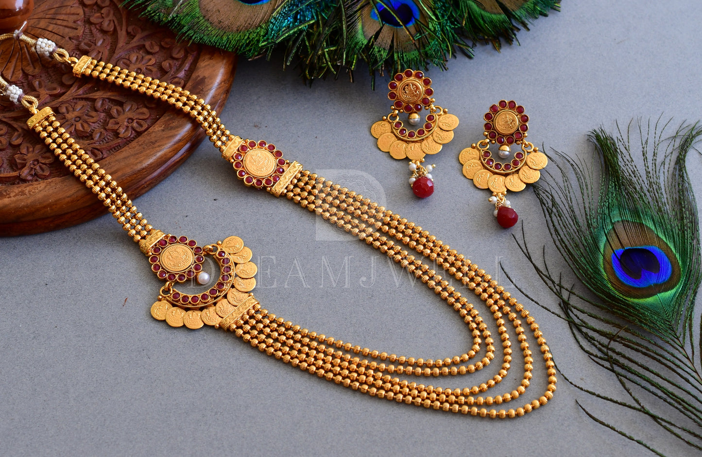 Antique gold tone multi layer ruby Lakshmi coin designer haar set dj-35160