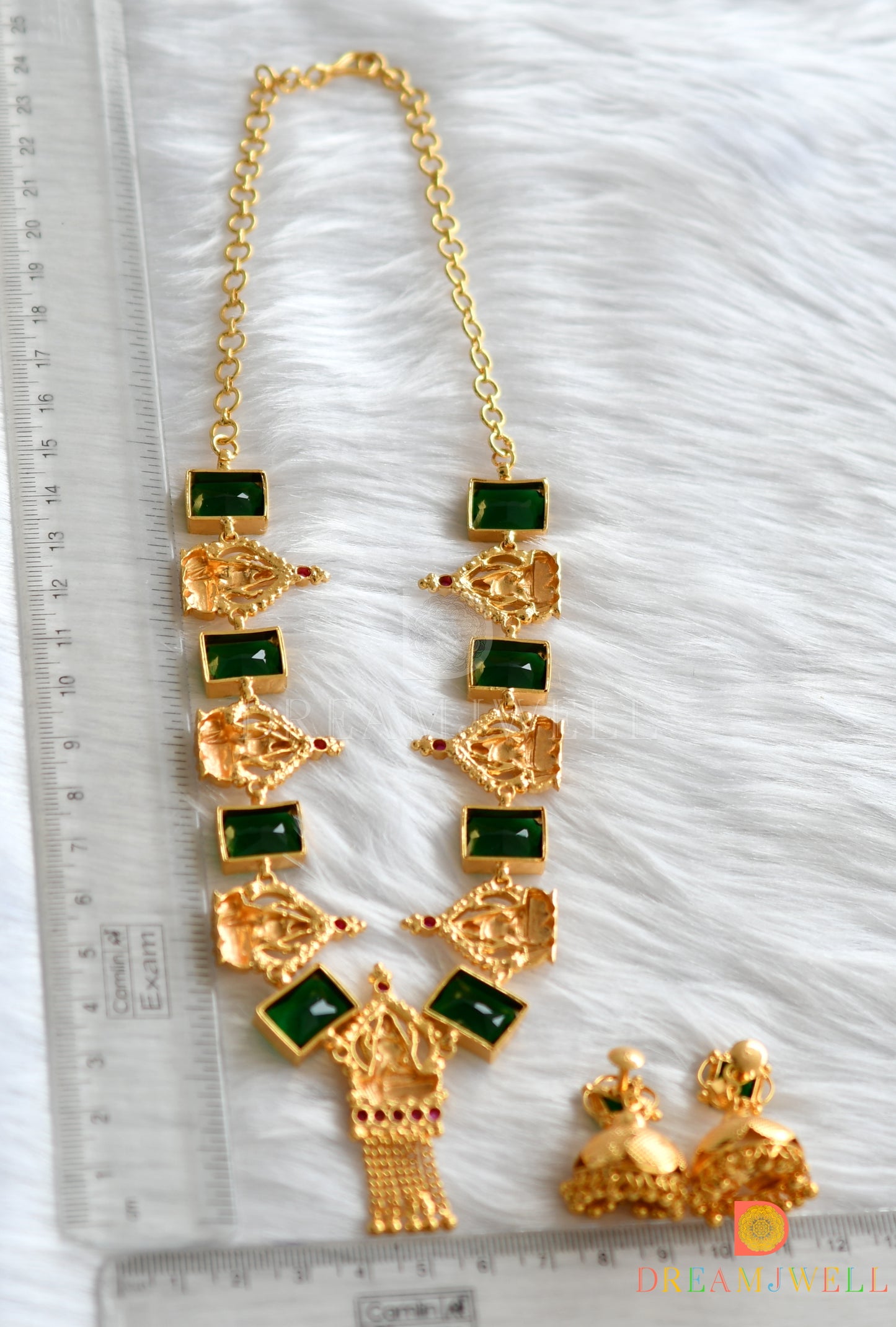 Gold tone bottle green block stone Lakshmi Kerala style necklace set dj-37564