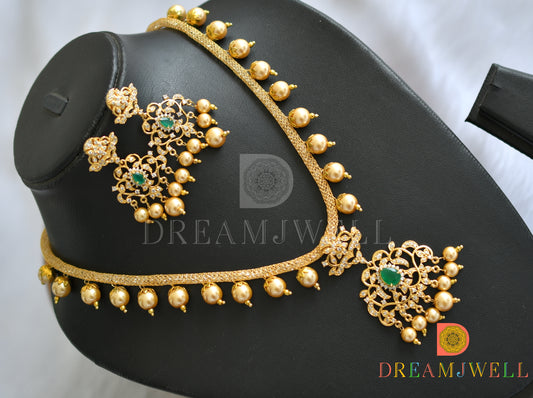 Gold tone cz-green pearl necklace set dj-01669