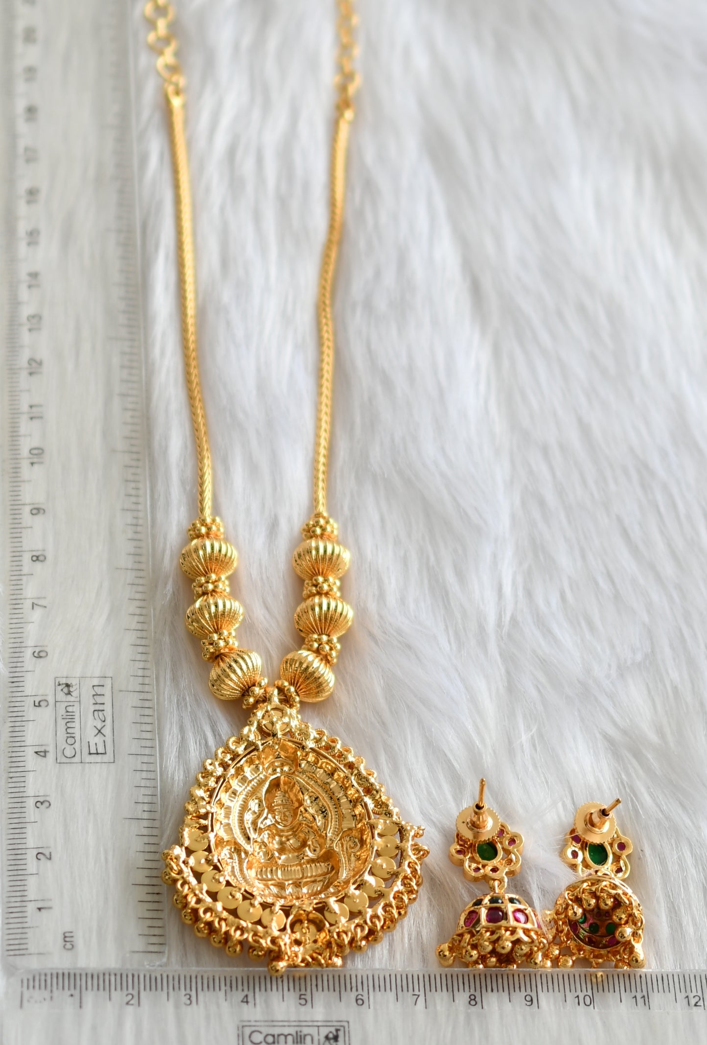 Gold tone pink-green Lakshmi necklace set dj-39147