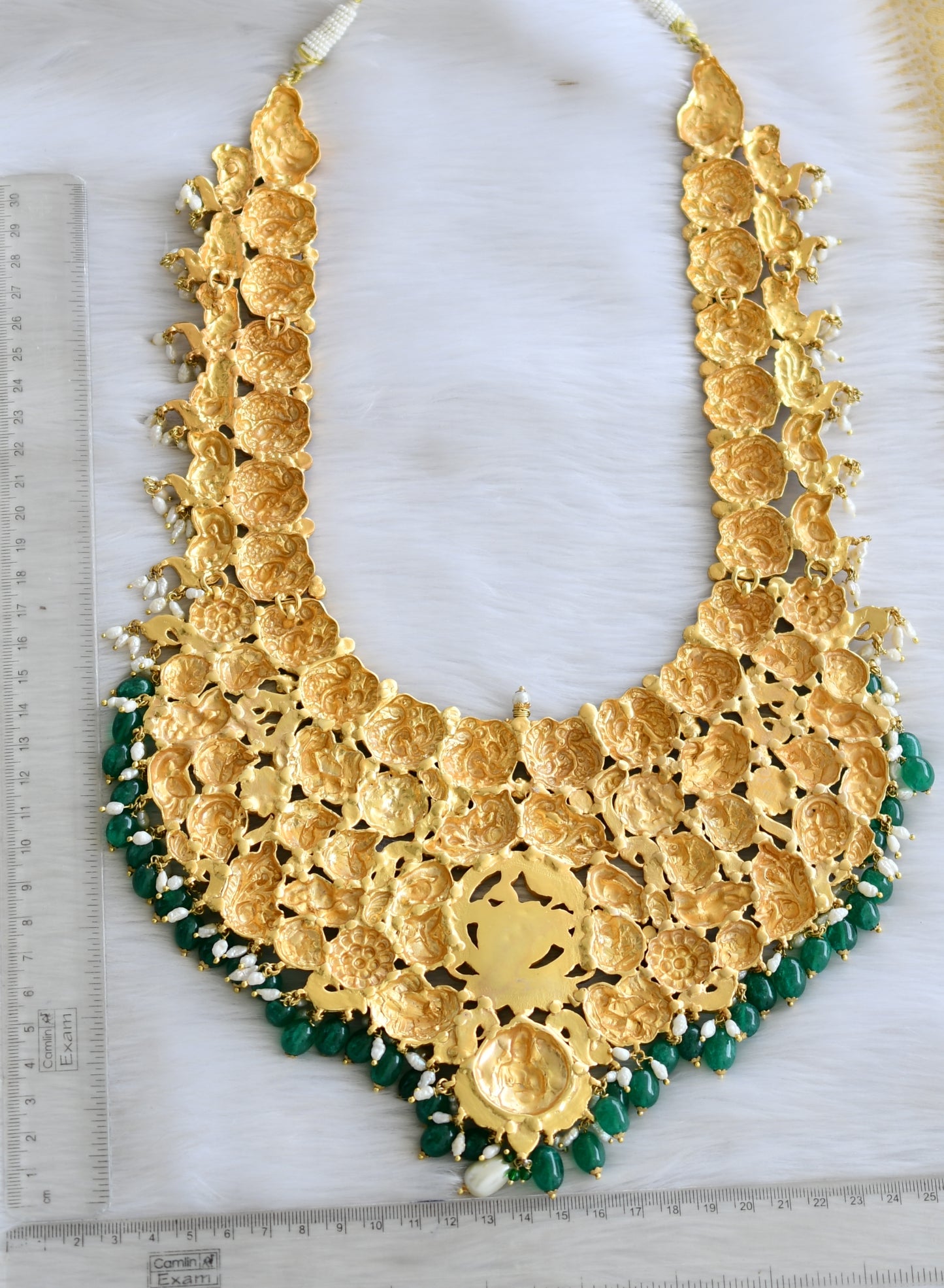 Antique gold look alike pink-green-white kundan jadau Lakshmi swan rice pearl green beads haar dj-40613