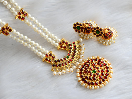 Gold tone kemp-green pearl round pendant long haar set dj-19221