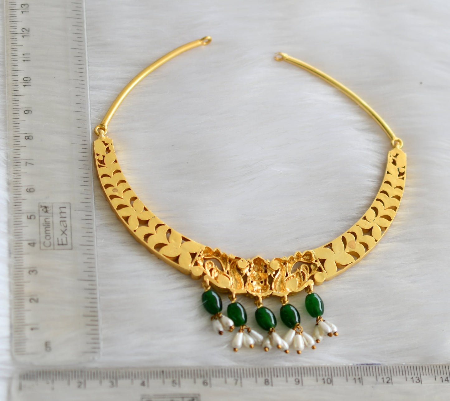 Gold tone pink-green-white Lakshmi-Peacock necklace dj-40618