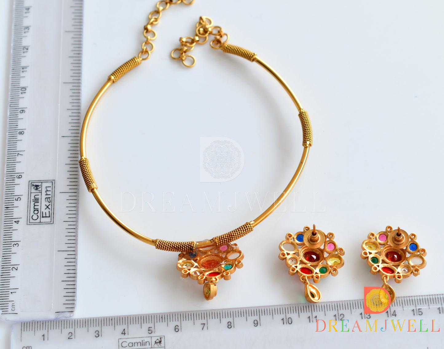 Matte finish Navarathna stone hasli necklace set dj-36039