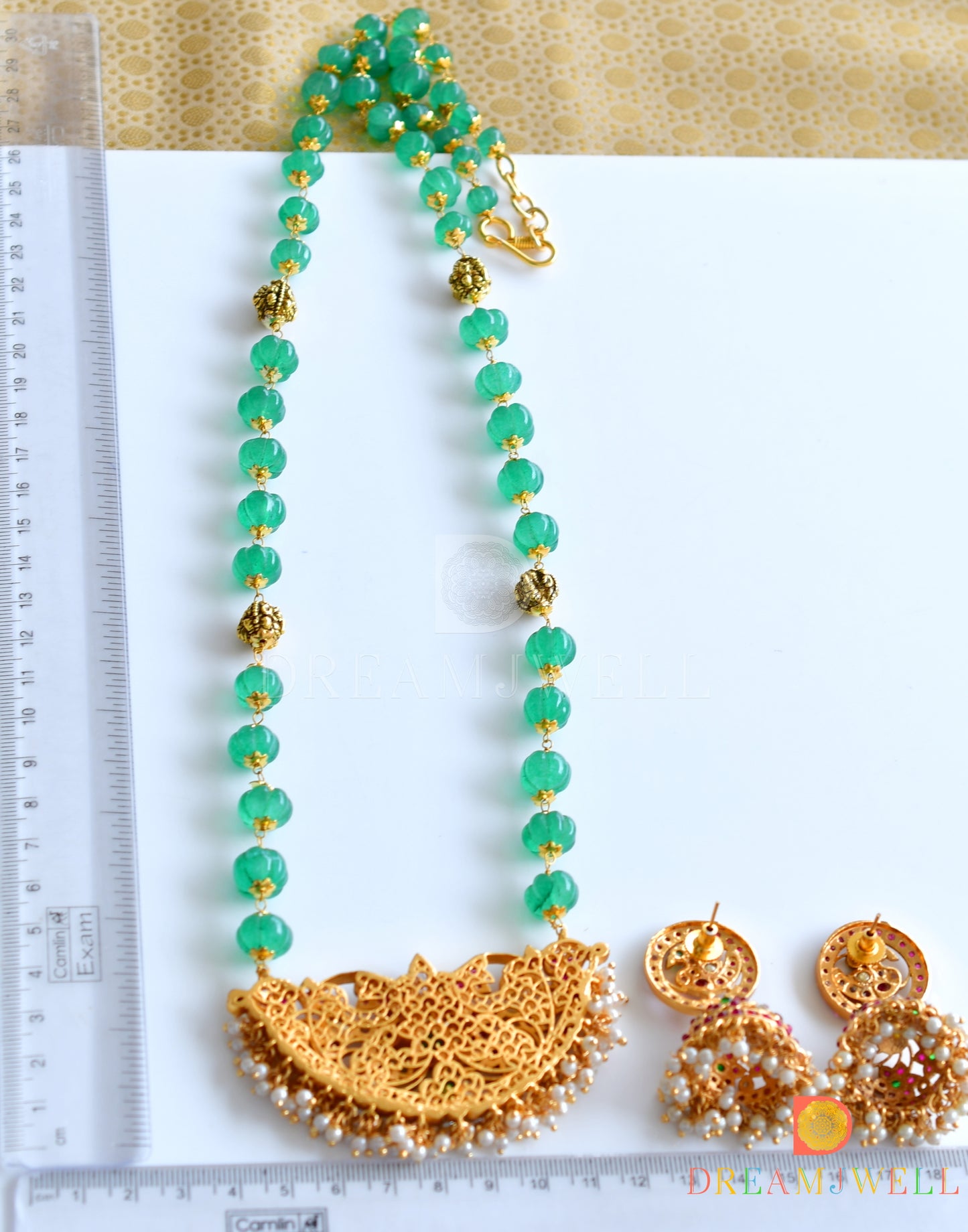 Gold tone Kemp-green-white pearl designer haar set dj-36054