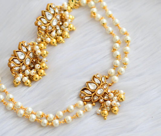 Gold tone white kundan jadau pearl Lotus choker necklace set dj-40622