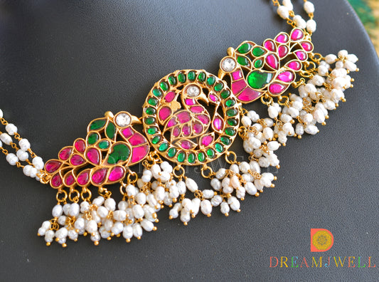 Gold tone Pink-green kundan jadau peacock rice pearl choker necklace dj-36057