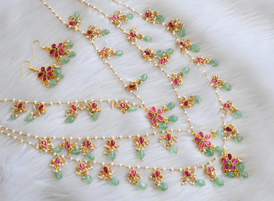 Gold tone pink-green kundan jadau multi layer pearl cluster green beads haar set dj-40615