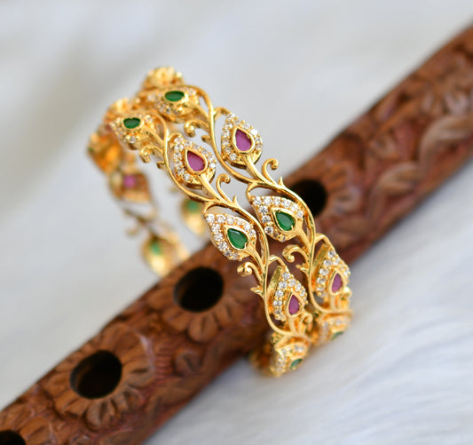 Gold tone ruby-emerald-white stone mango bangles(2.6) dj-40635
