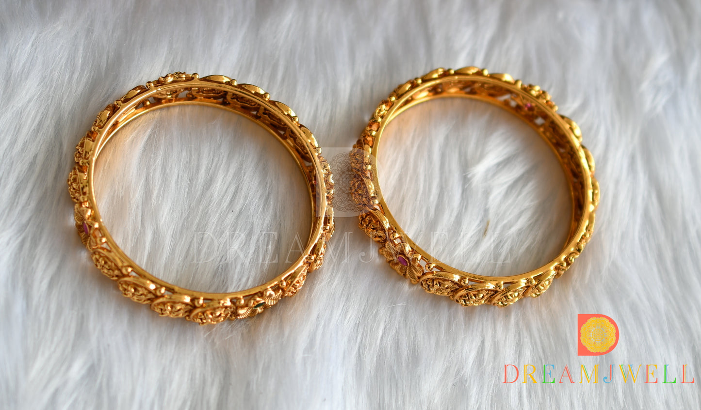 Matte finish ruby-green flower Radha-Krishna coin Bangles (2.6) dj-38325