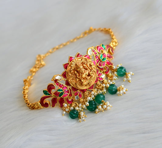 Matte finish red-green-white kundan jadau Lakshmi peacock choker necklace dj-40624