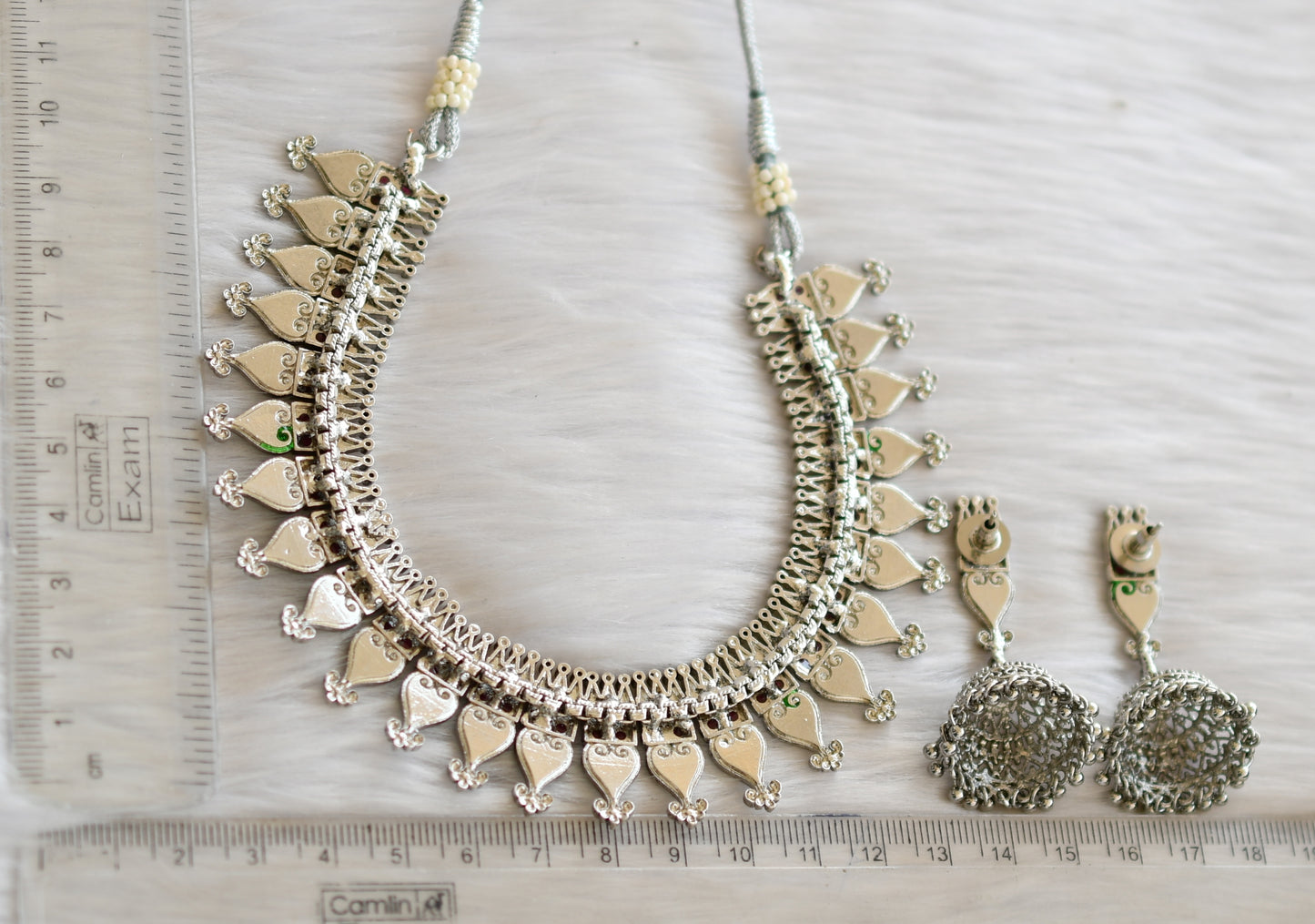 Silver tone pink-green palakka Kerala style necklace set dj-40642