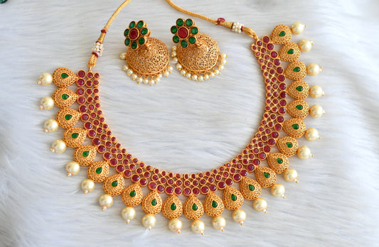Matte finish ruby-emerald pearl necklace set dj-18847