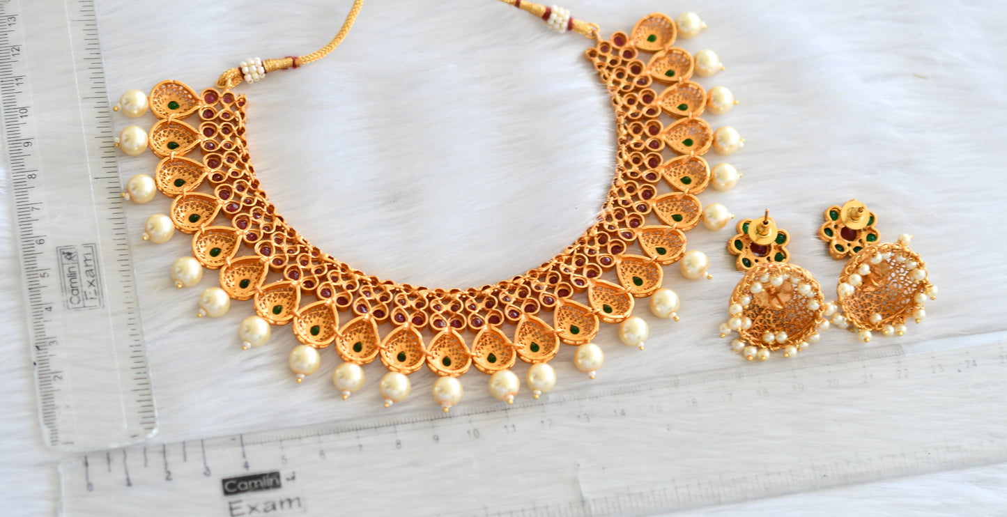 Matte finish ruby-emerald pearl necklace set dj-18847