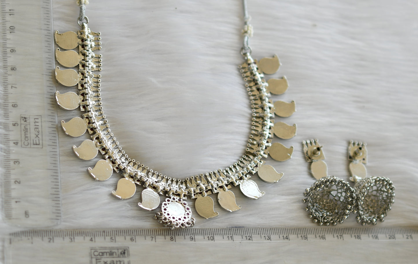 Silver tone pink-green mango Kerala style necklace set dj-40644
