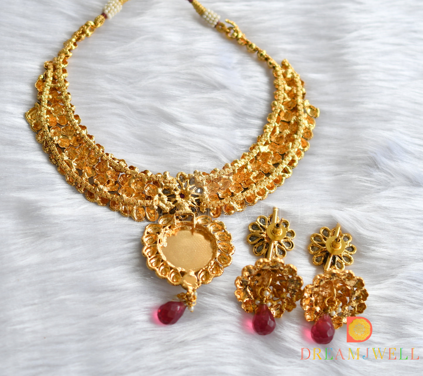 Antique transparent pink stone necklace set dj-01298