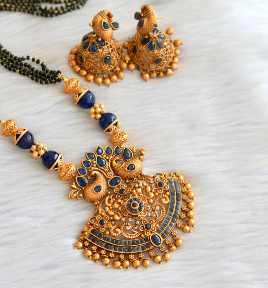 Matte finish blue peacock long mangalsutra set dj-18841