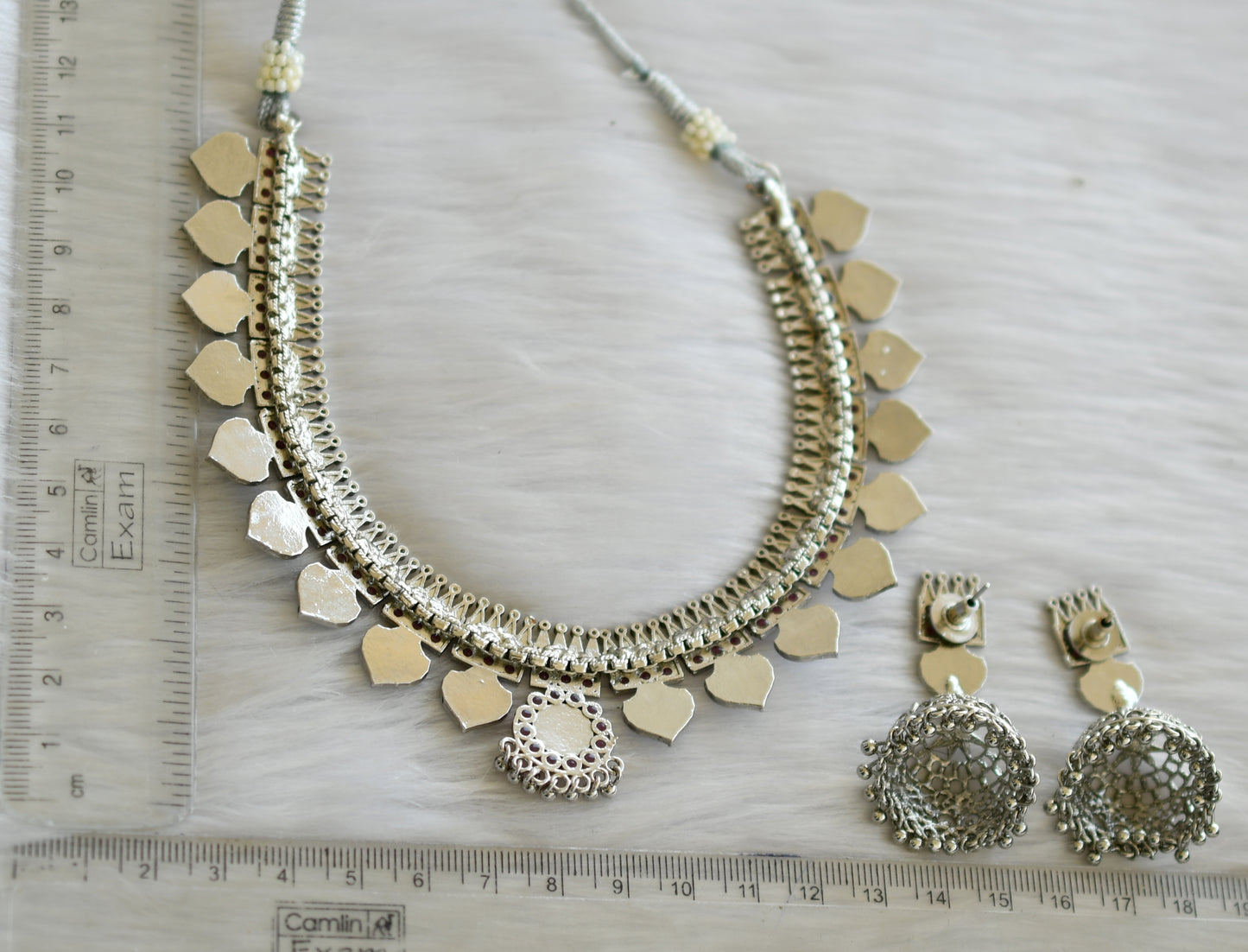 Silver tone pink-green palakka Kerala style necklace set dj-40646