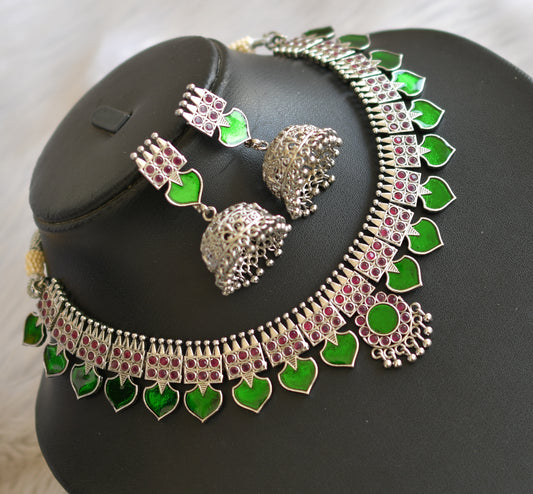 Silver tone pink-green palakka Kerala style necklace set dj-40646