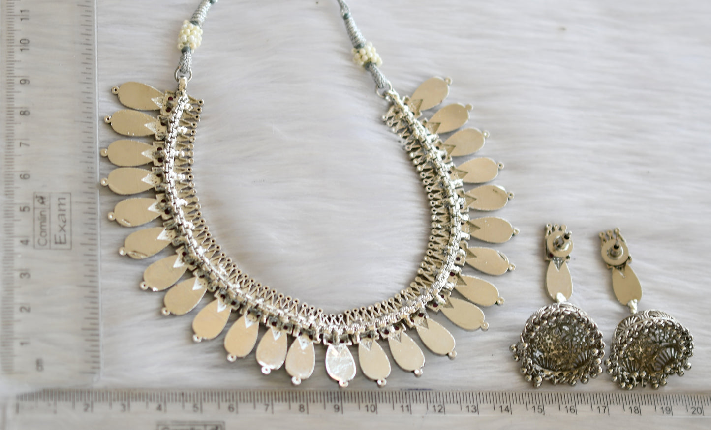 Silver tone pink-green nagapadam Kerala style necklace set dj-40651