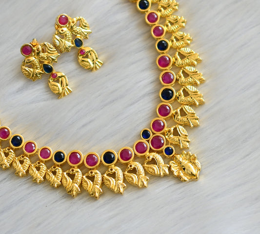 Gold tone ruby-blue peacock necklace set dj-03503