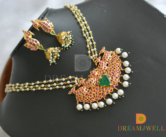 Gold tone Uncut polki pearl peacock long necklace set dj-25384
