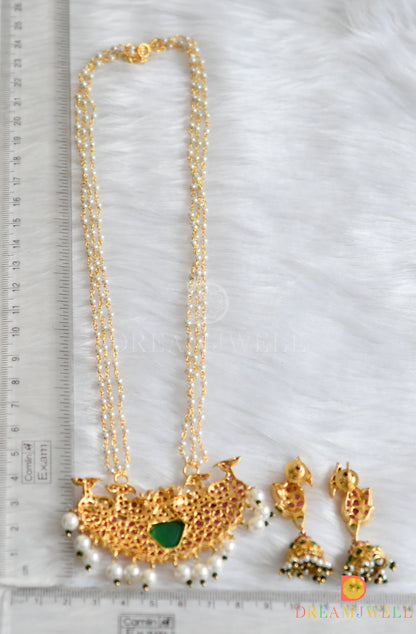 Gold tone Uncut polki pearl peacock long necklace set dj-25384