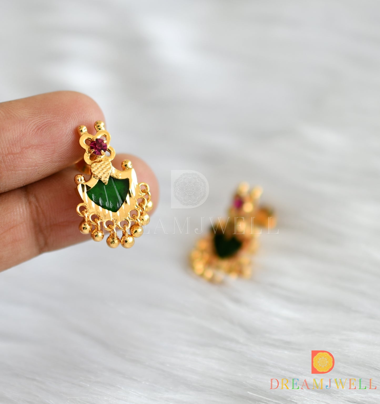 Gold tone pink-green palakka Kerala style necklace set dj-38098