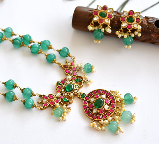 Antique gold look alike kemp-green peacock jadau kundan replica haar set dj-33509
