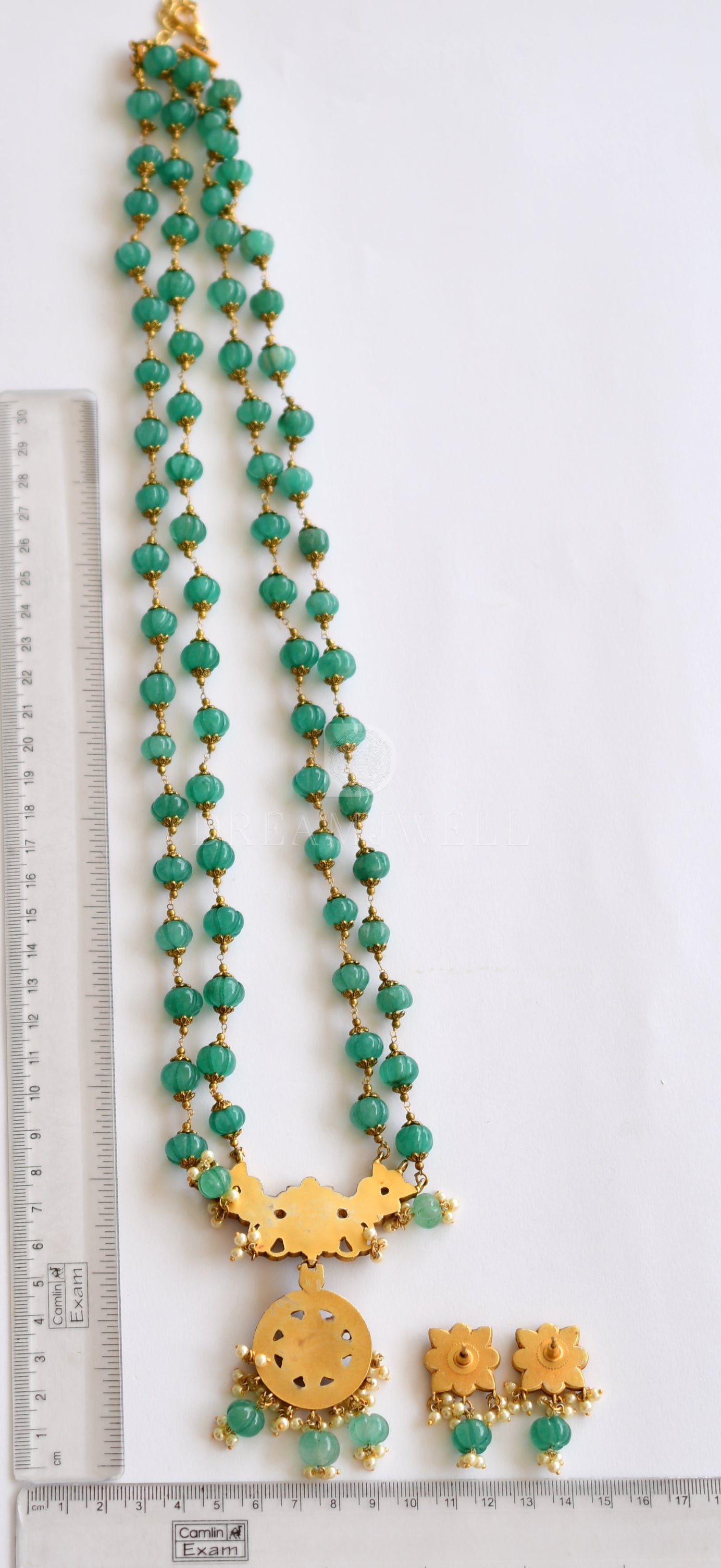 Antique gold look alike kemp-green peacock jadau kundan replica haar set dj-33509