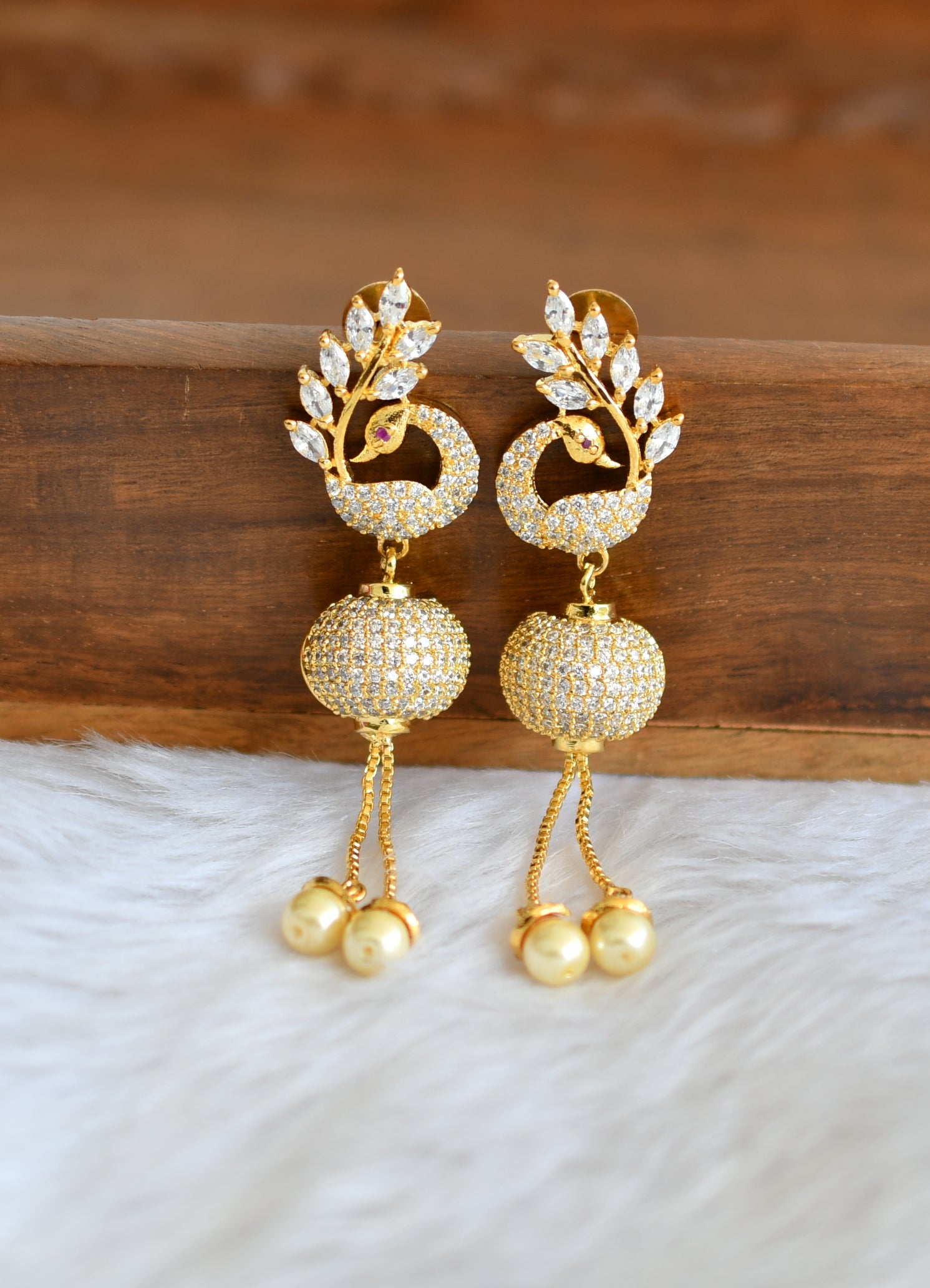 Gold tone cz white peacock ball earrings dj-20733