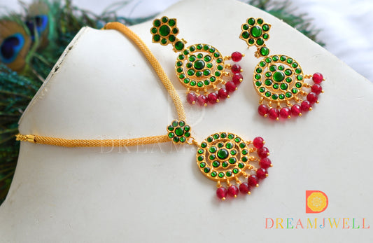 Gold tone round green stone red agates necklace set dj-37574