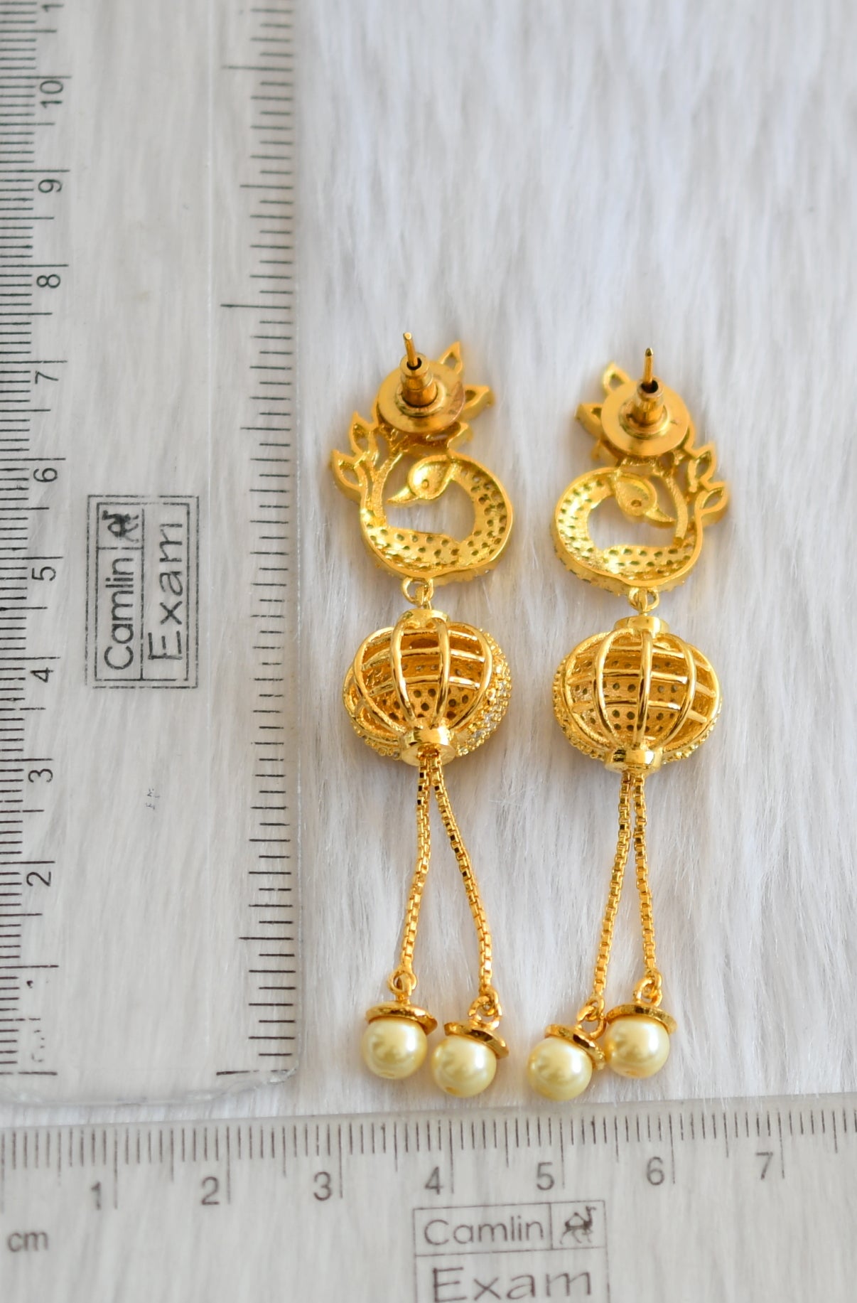 Gold tone cz white peacock ball earrings dj-20733