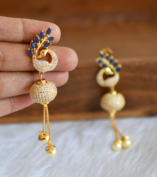 Gold tone cz white-blue peacock ball earrings dj-20734